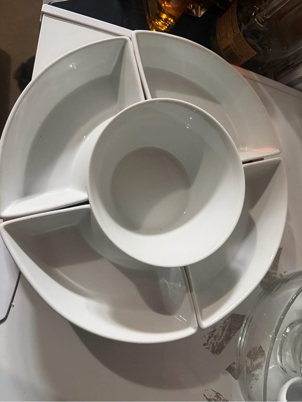 White Ceramic Sectioned Serving Platter with Dip Bowl - Brand Unspecified
